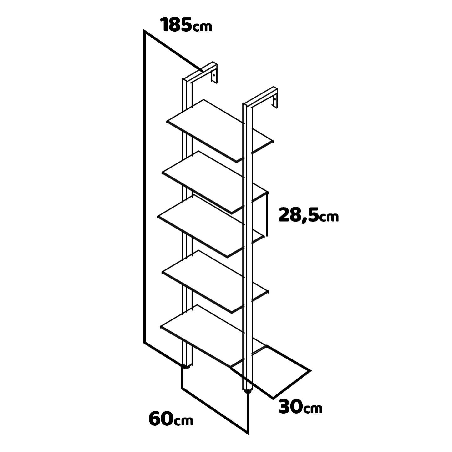 Komo - Libreria a muro con 5 ripiani in stile industriale, 60x30xH185 cm