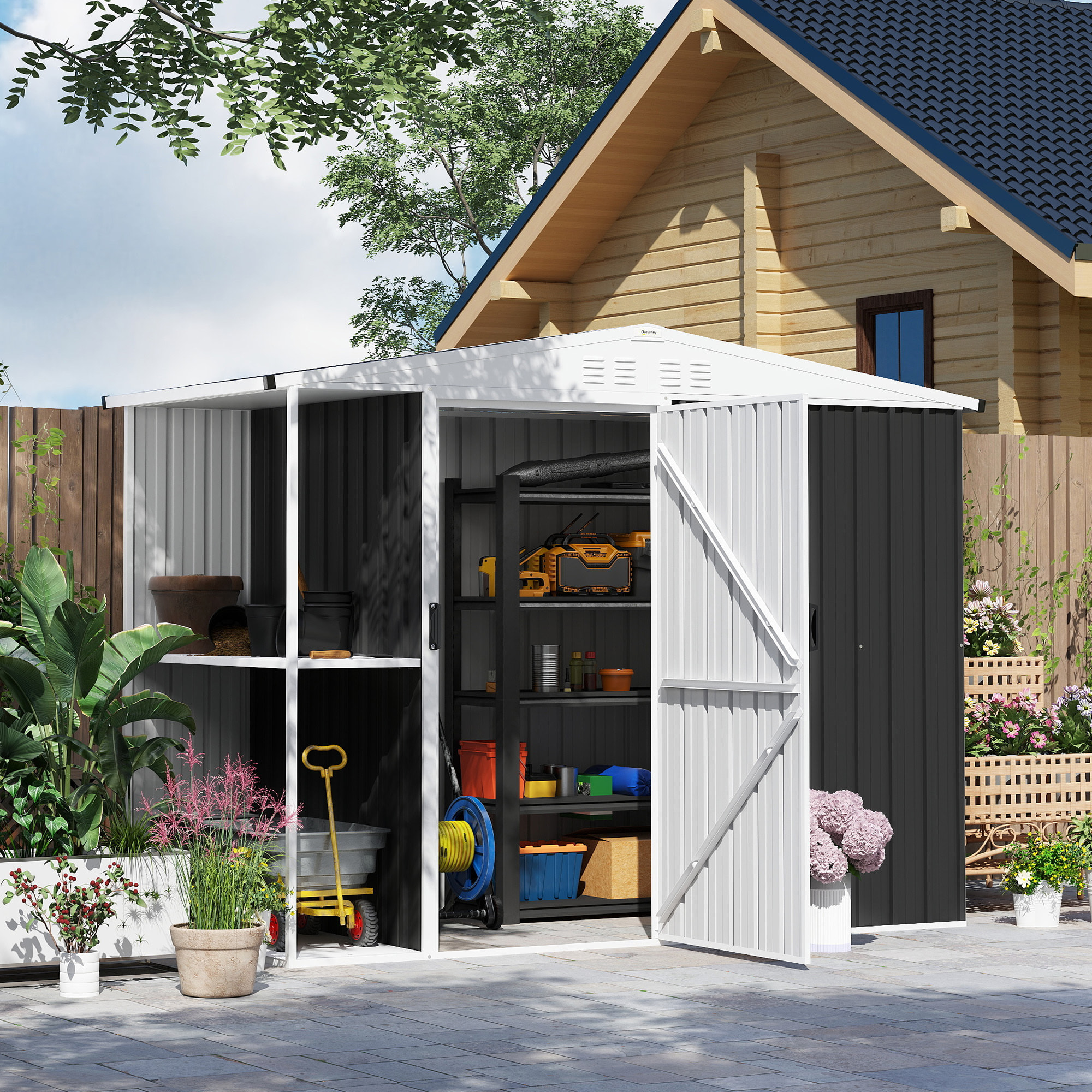 Caseta de Jardín Exterior 2,7m² 245x117x180 cm Cobertizo de Jardín Exterior con Estante de 2 Niveles 4 Ventilaciones y Puerta con Cerradura Cobertizo para Terraza Patio Gris Carbón