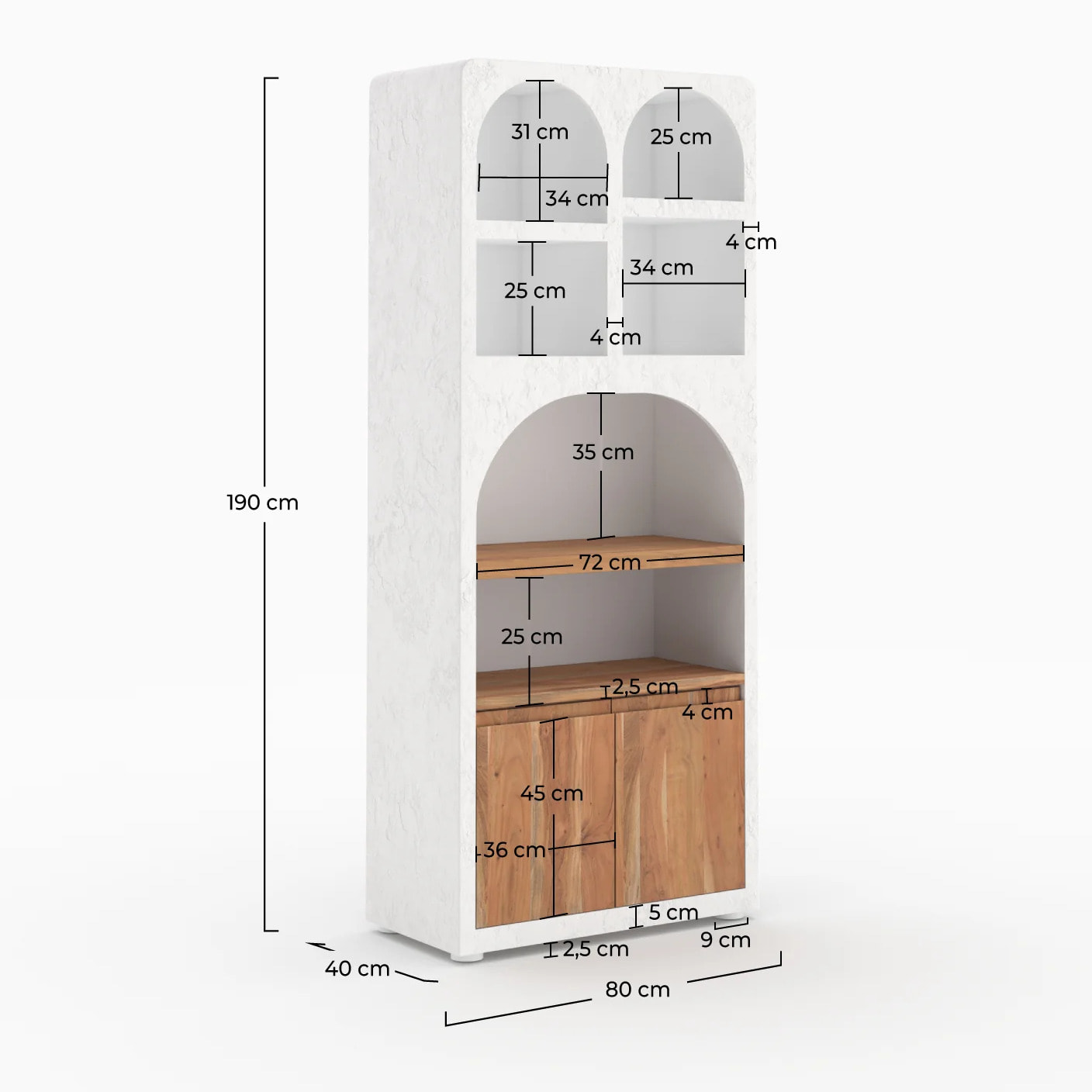 Bibliothèque en plâtre blanc cassé et bois d'acacia - Fira