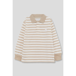 Polo niño de manga larga arena con rayas blancas, cuello de canalé y cierre parcial de botones | Color: Beige | Street Monkey