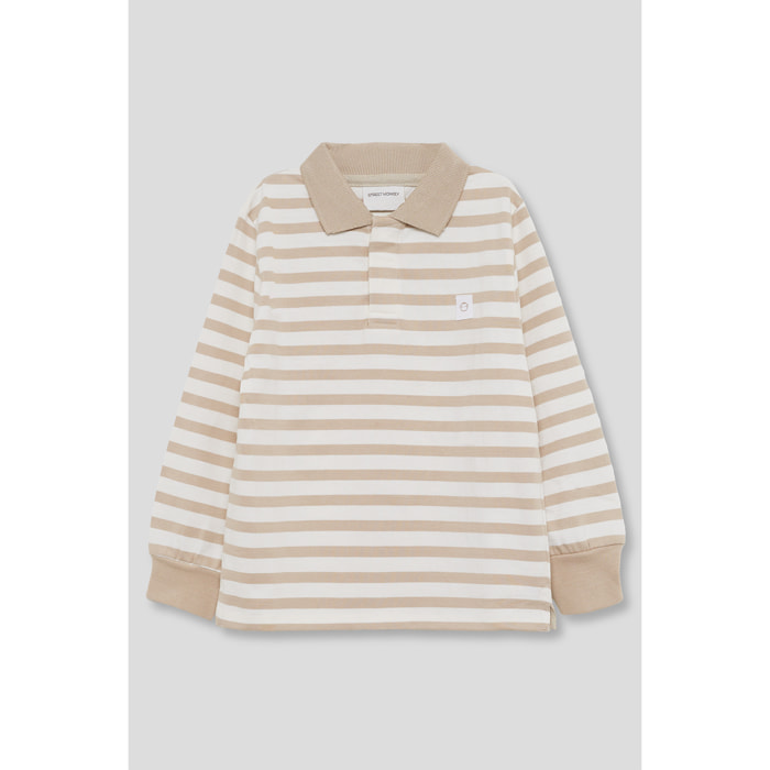 Polo niño de manga larga arena con rayas blancas, cuello de canalé y cierre parcial de botones | Color: Beige | Street Monkey