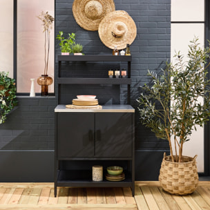 Cuisine d'extérieur en acier noir avec 2 étagères suspendues et 2 portes L80cm