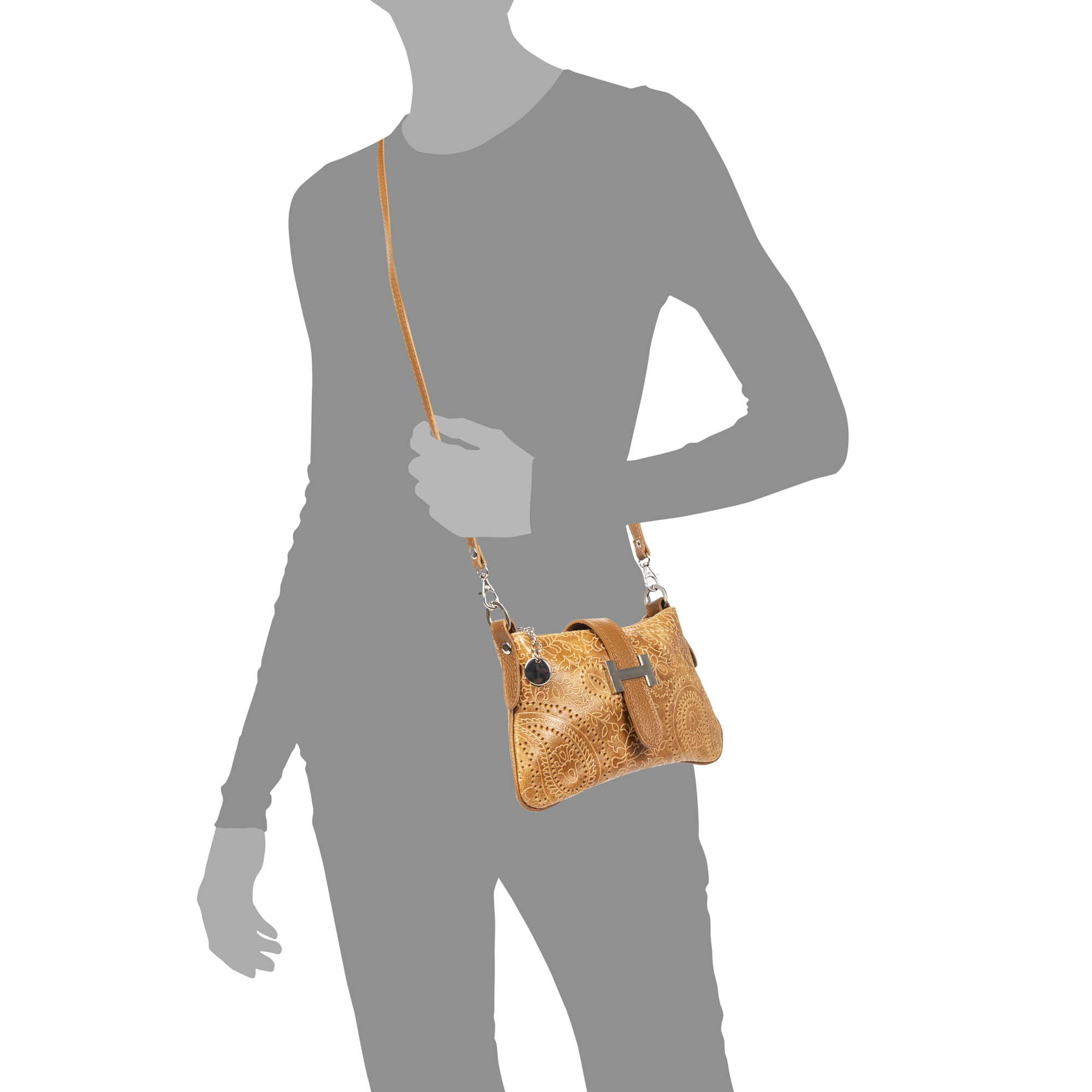 Allerona Bolso de mano Mujer.Piel auténtica Gamuza Grabado Arabesco.