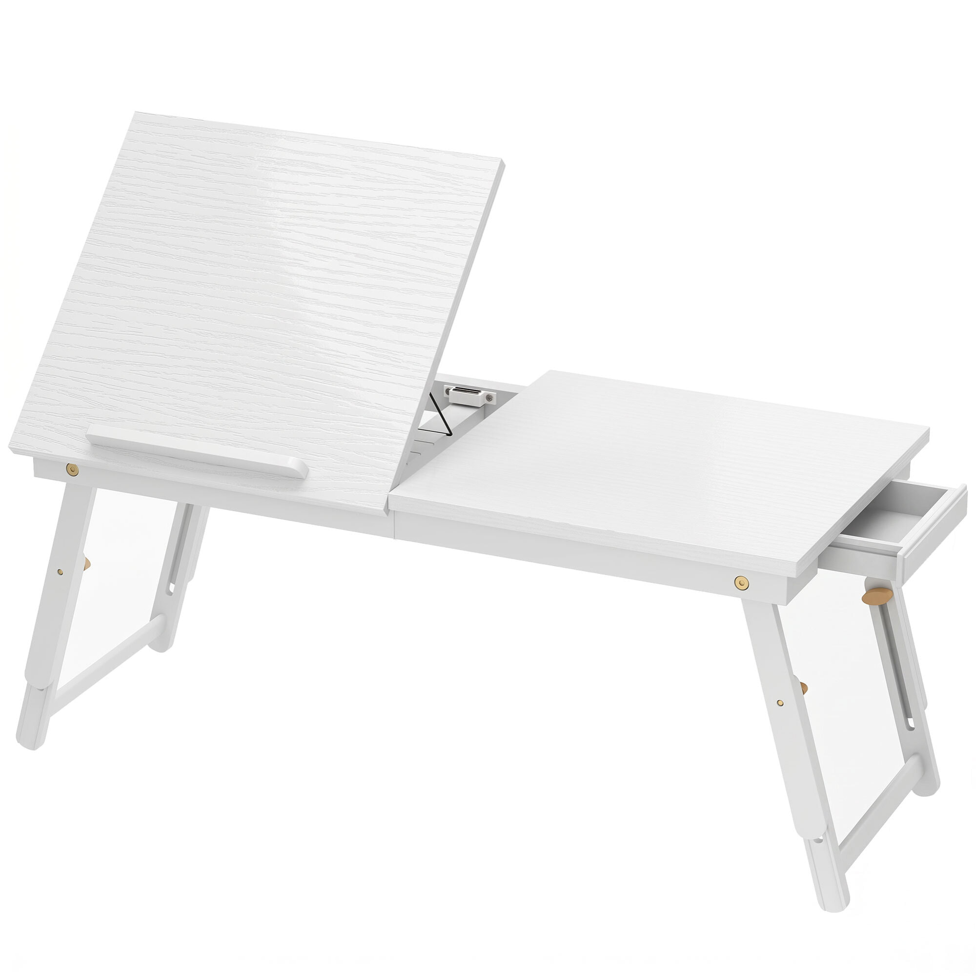 Table de lit pliable réglable pour ordinateur - plateau inclinable, tiroir - bois bambou MDF blanc