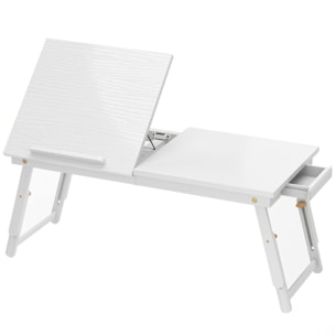 Table de lit pliable réglable pour ordinateur - plateau inclinable, tiroir - bois bambou MDF blanc