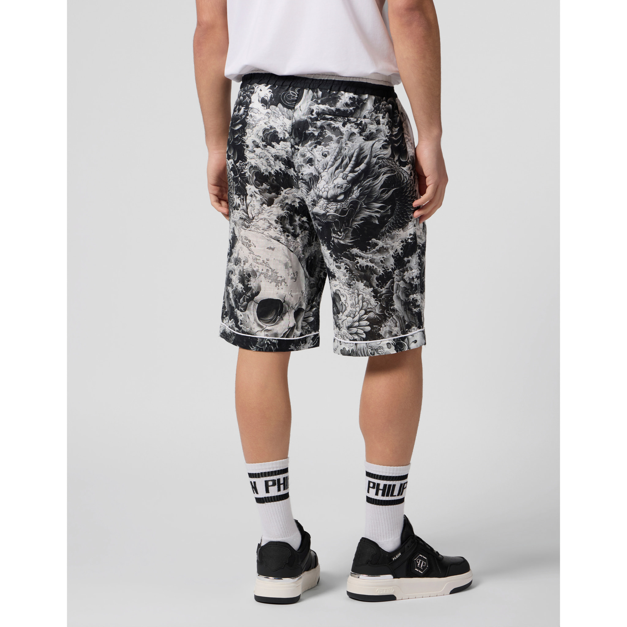 PHILIPP PLEIN Linen Bowling Shorts All-Over Ceramic