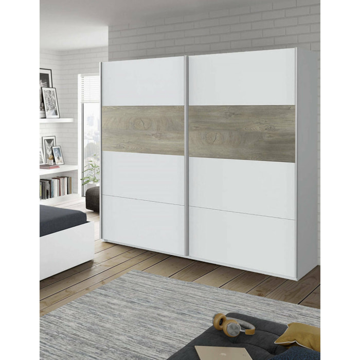 Guardaroba Elgin, Armadio per camera da letto a 2 ante scorrevoli, Mobile con barra appendiabiti e 3 ripiani, cm 180X60h200, Bianco e Rovere