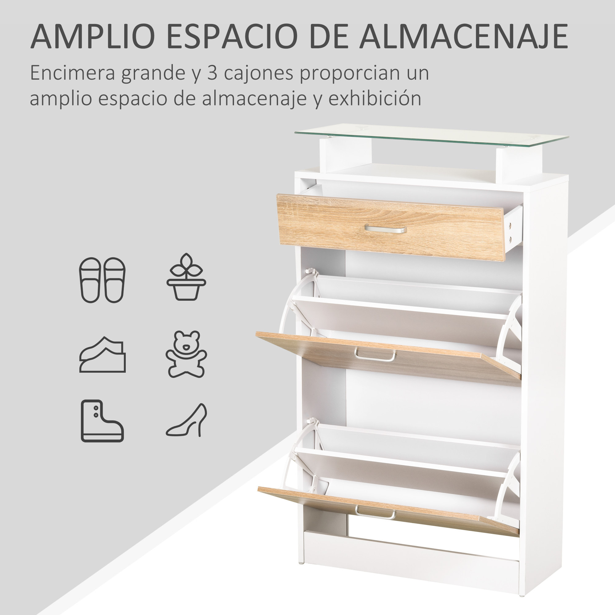 Mueble Zapatero Armario Zapatero con 3 Cajones Estante de Vidrio y Asa de Aluminio para Pasillo Entrada Carga 50 kg 60x24x105,5 cm Natural