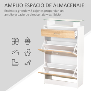 Mueble Zapatero Armario Zapatero con 3 Cajones Estante de Vidrio y Asa de Aluminio para Pasillo Entrada Carga 50 kg 60x24x105,5 cm Natural