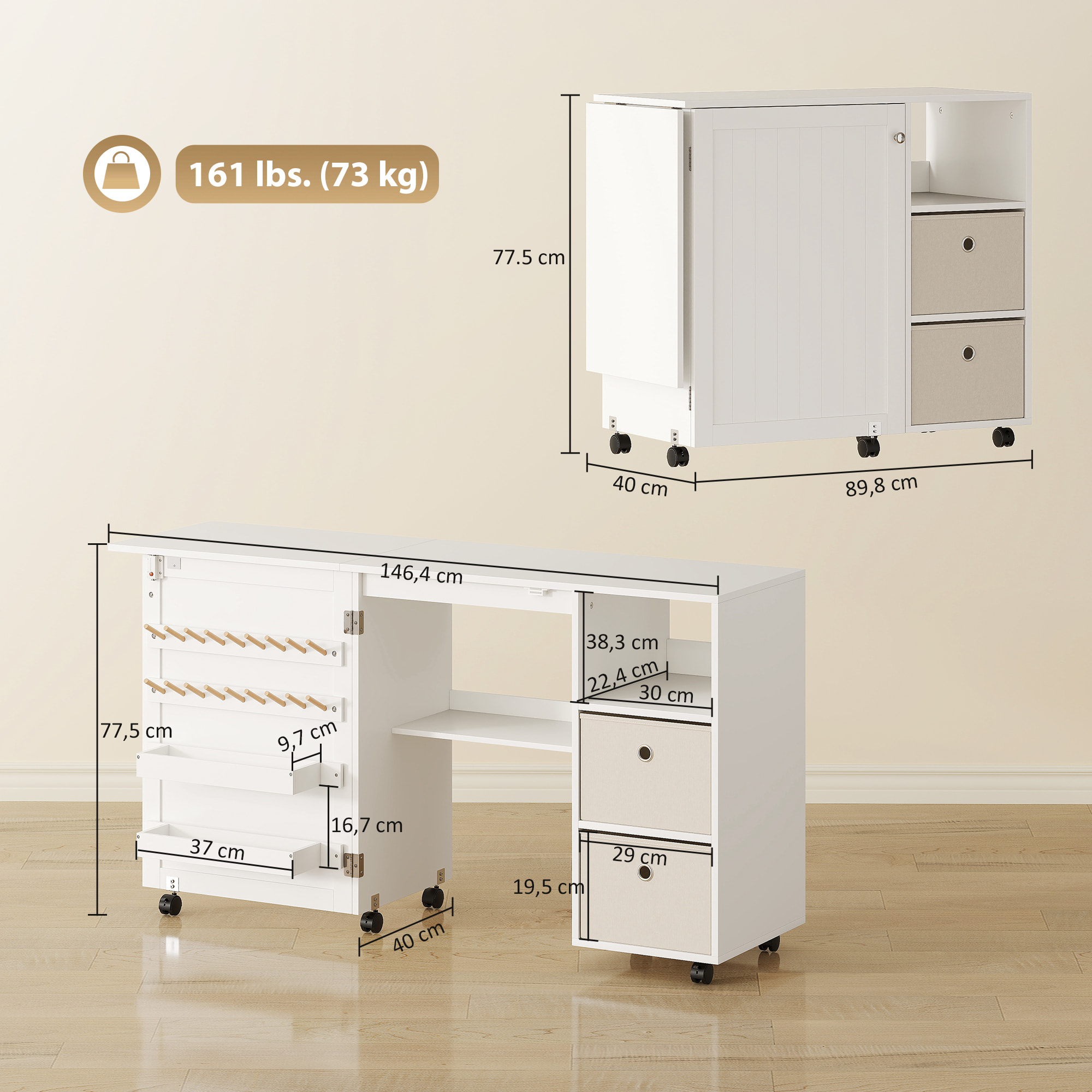 Mesa de Costura Plegable con 6 Ruedas, Mueble para Máquina de Coser con 18 Clavijas para Hilos, 2 Cajones de Tela, 3 Compartimentos, Tomas Corriente Armario de Costura para Estudio Salón Blanco