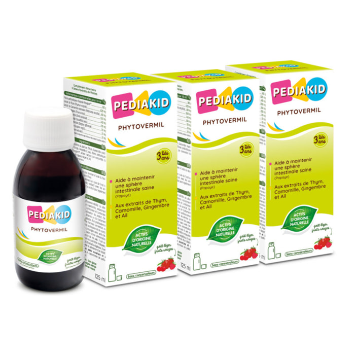 PEDIAKID - Phytovermil - Complément Alimentaire Naturel -Contribue au Maintien d'une Sphère Intestinale Saine - Bouchon Doseur Inclus - Arôme Fruits Rouges - Lot de 3 Flacons de 125 ml