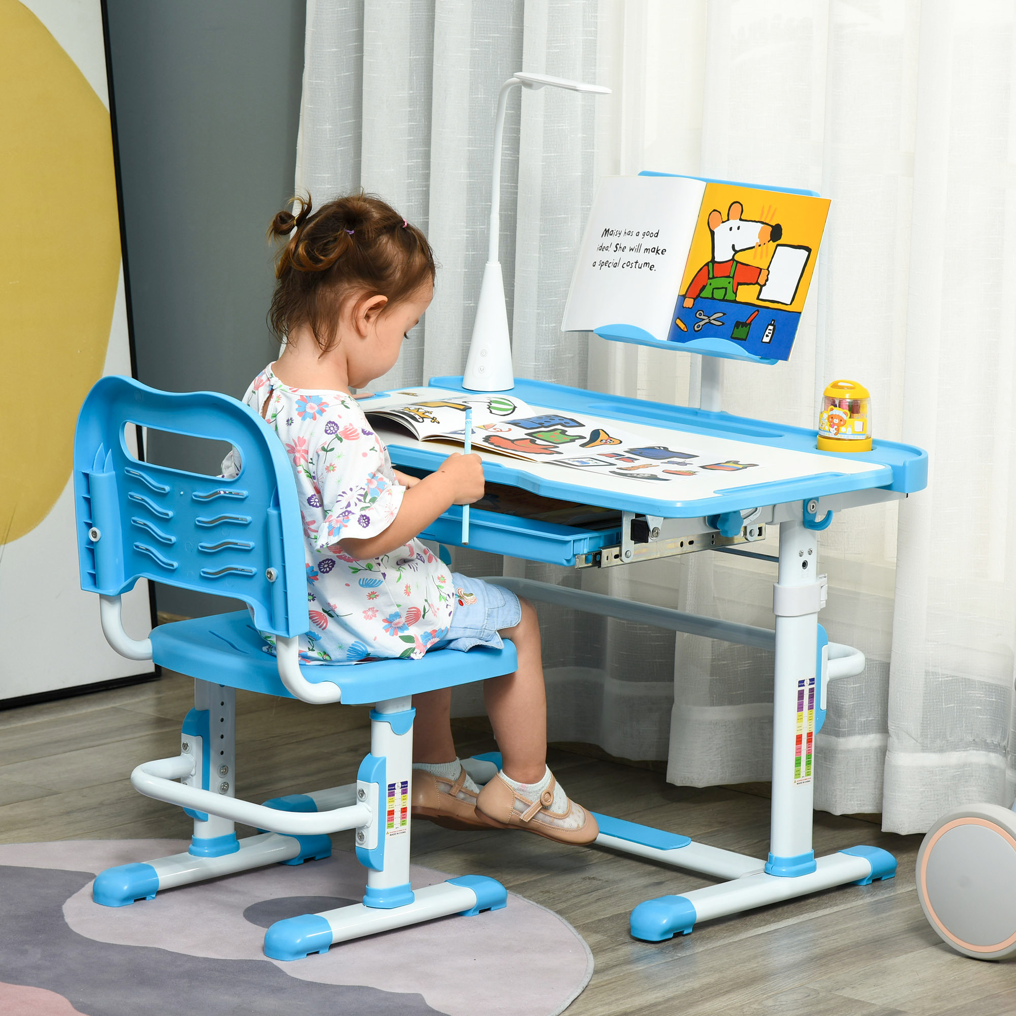 Juego de Escritorio y Silla para Niños de +6 Años Pupitre Infantil con Altura Ajustable Mesa Inclinable Cajón Lámpara LED y Portalápices 80x49,5x82-104 cm y 35,5x43,5x63-73 cm Azul