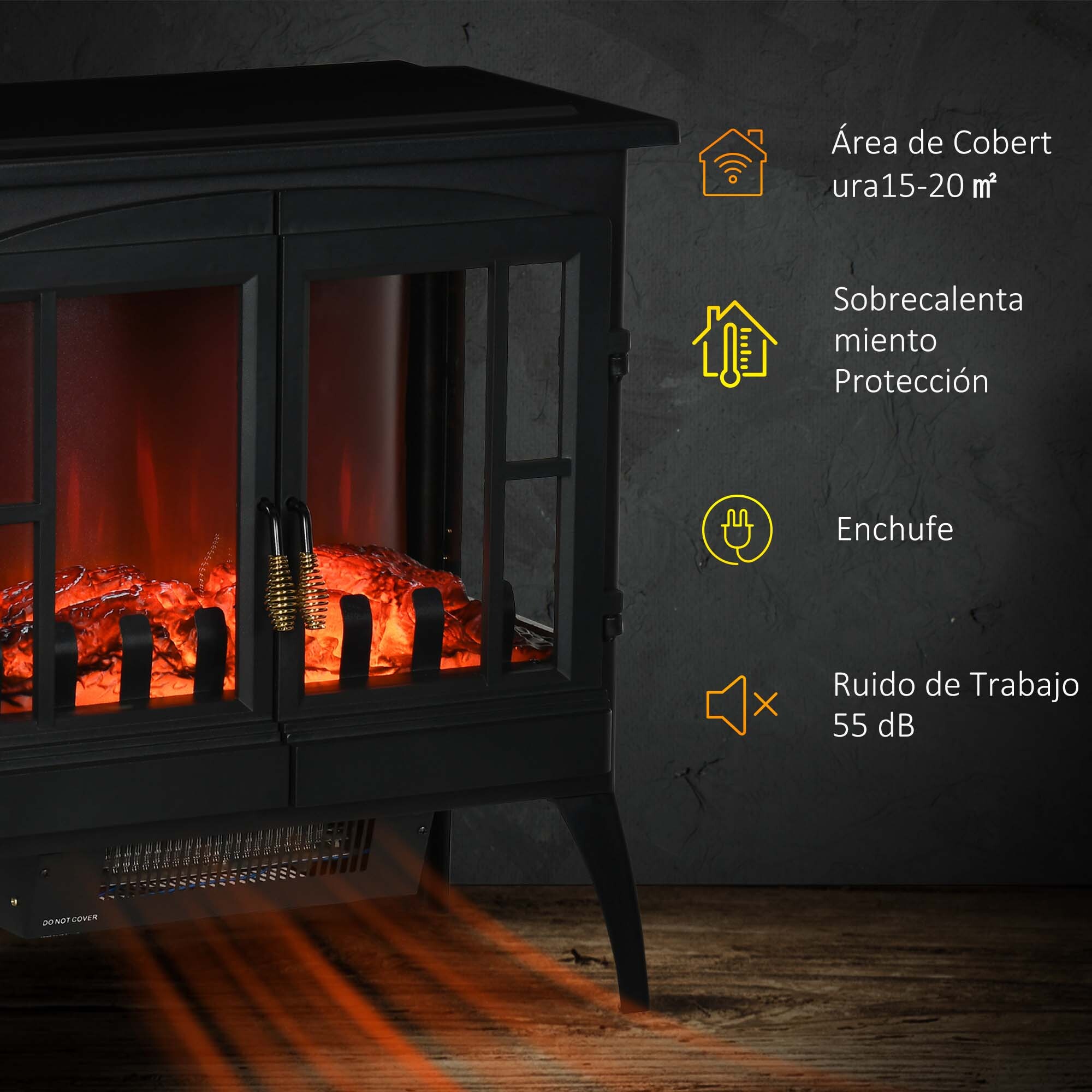 Chimenea Eléctrica 1000 W/2000 W Chimenea Decorativa con Ventanas LED Llamas Brillo Ajustable y Protección Sobrecalentamiento para 15-20 ㎡ 60x37x60,5 cm Negro