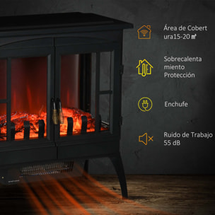 Chimenea Eléctrica 1000 W/2000 W Chimenea Decorativa con Ventanas LED Llamas Brillo Ajustable y Protección Sobrecalentamiento para 15-20 ㎡ 60x37x60,5 cm Negro