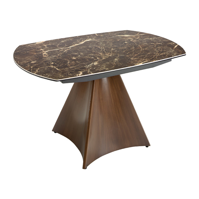 Mesa comedor extensible ovalada barril con tapa de mármol porcelánico en marrón con vetas crema en acabado brillo 135x90x75cm