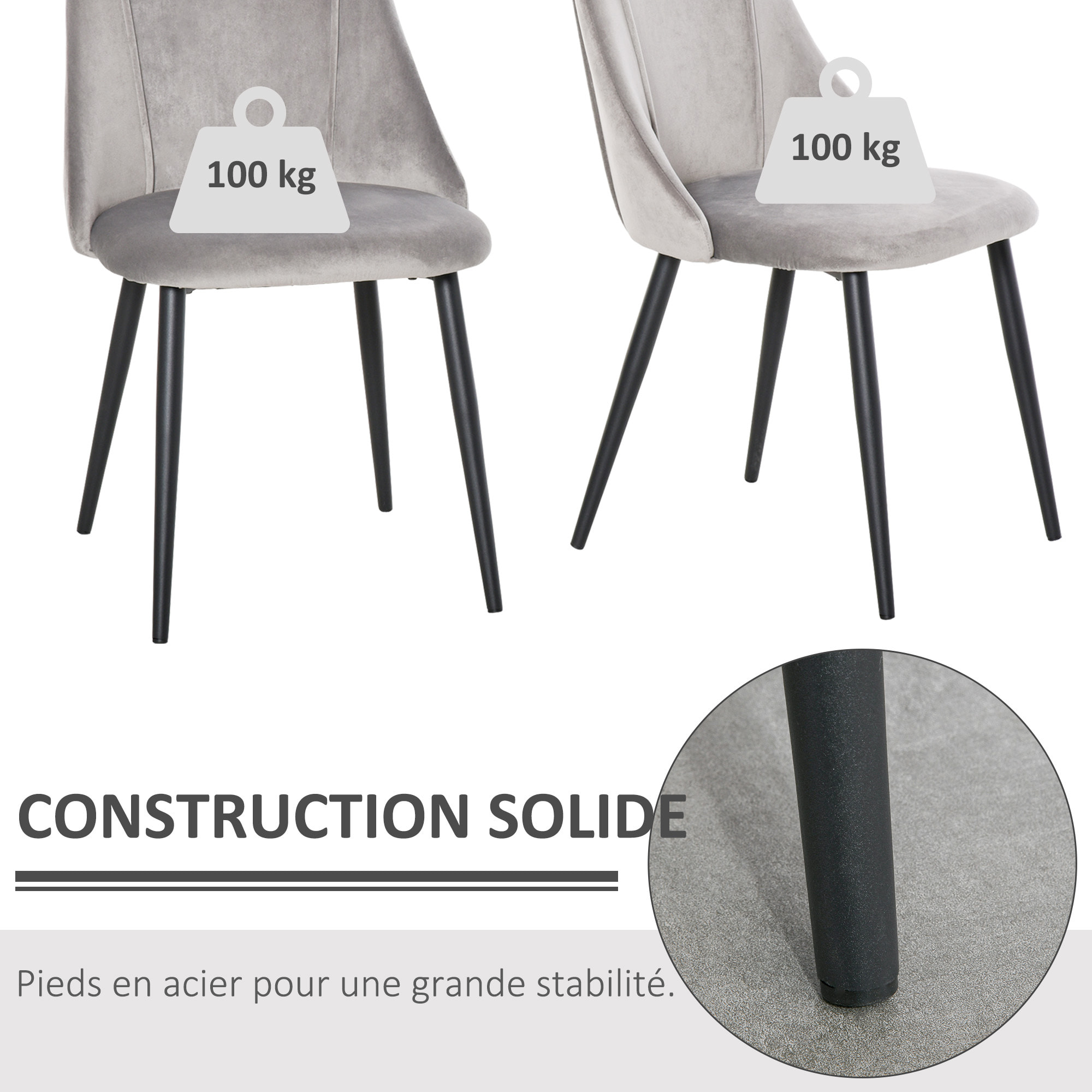 Lot de 2 chaises de salle à manger piètement métal velours gris