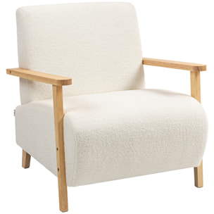 Sillón de Salón Tapizado en Borreguito Butaca de Salón de 74,5 cm con Acolchado Grueso Reposabrazos y Patas de Madera para Dormitorio Sala de Estar Crema