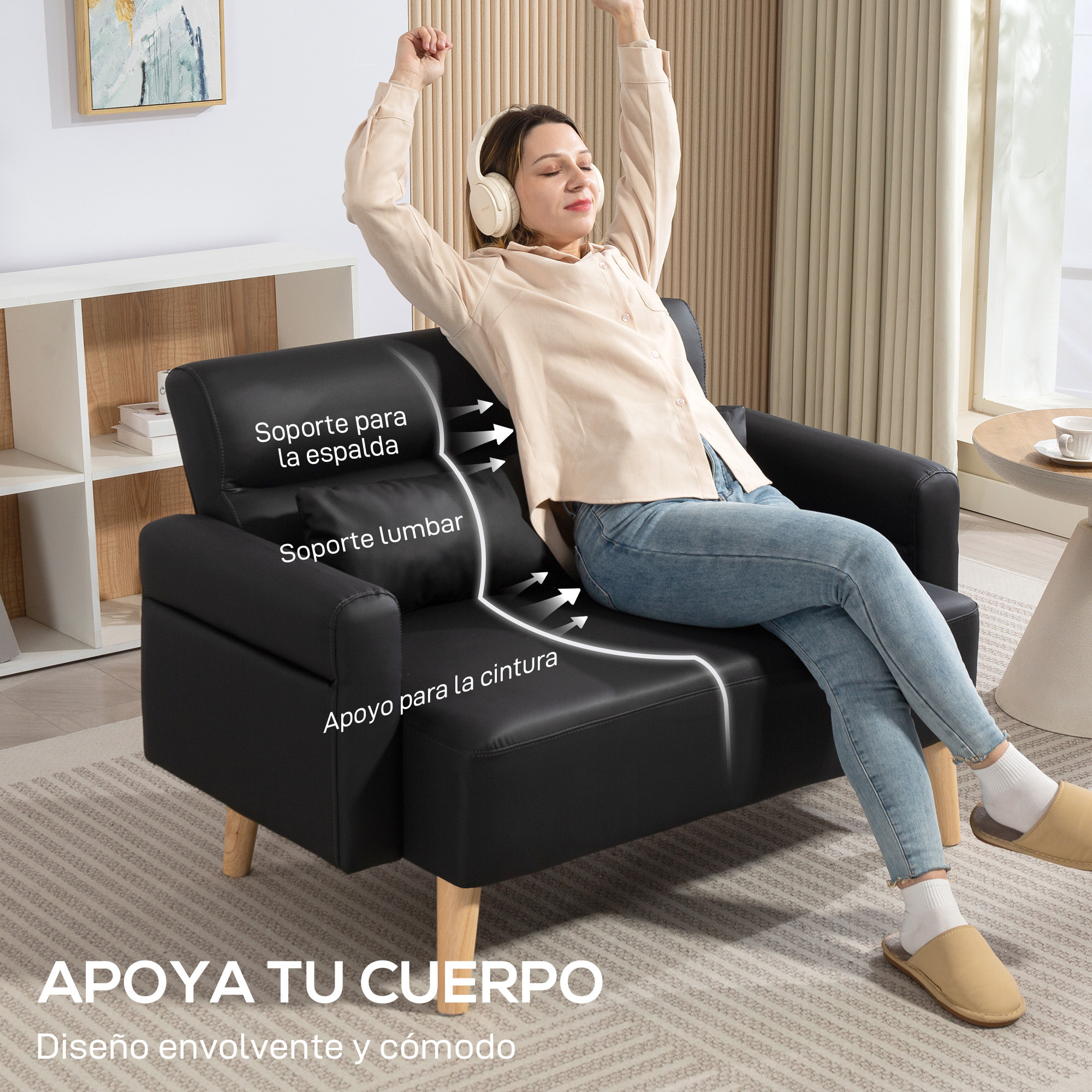 Sofá de 2 Plazas Tapizado en Cuero Sintético Sofá de Salón de 117 cm con Reposabrazos Acolchado Grueso Respaldo Acanalado y Patas de Madera para Dormitorio Sala de Estar Negro