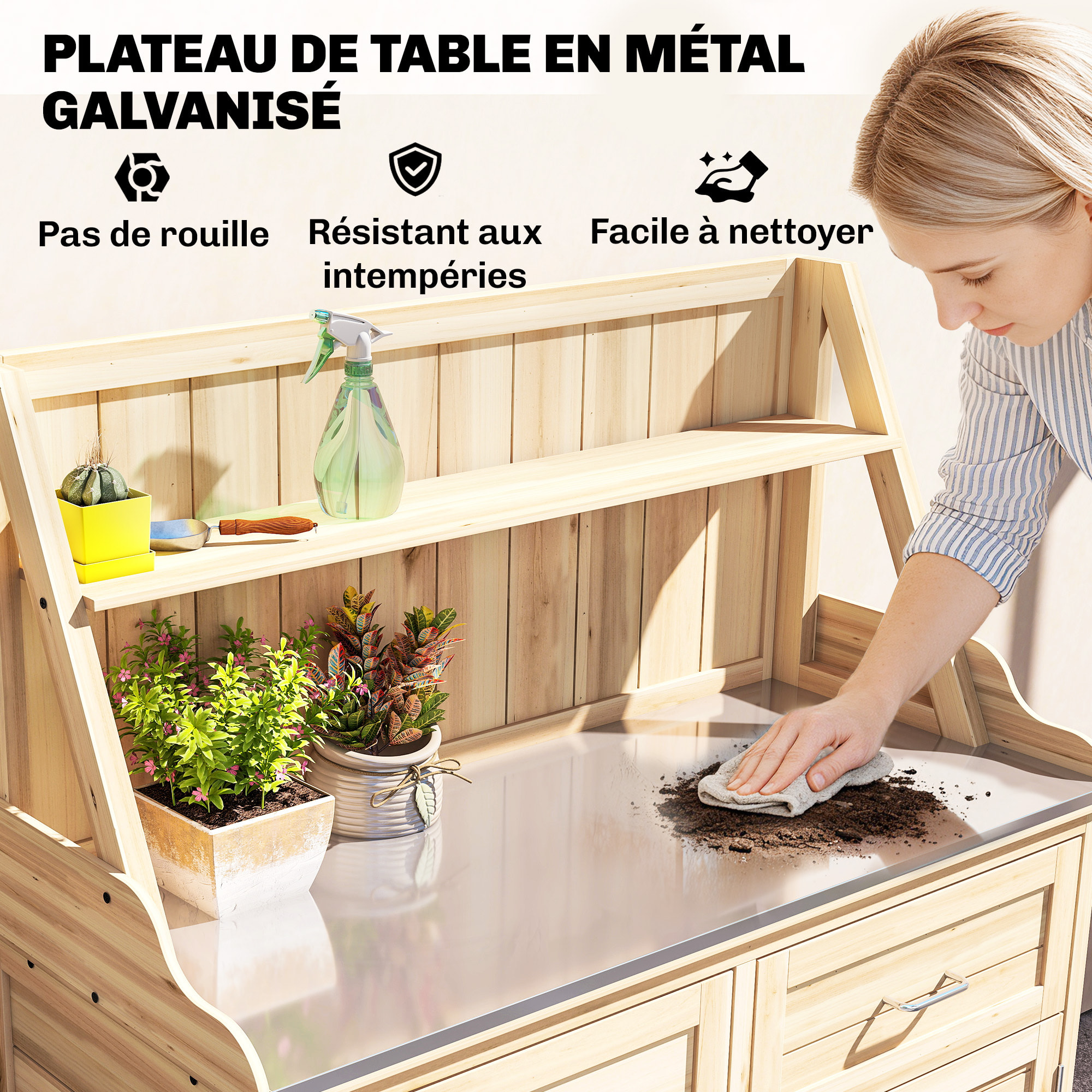 Armoire de jardin table de rempotage 2 en 1 - 2 portes, étagères, plateau acier