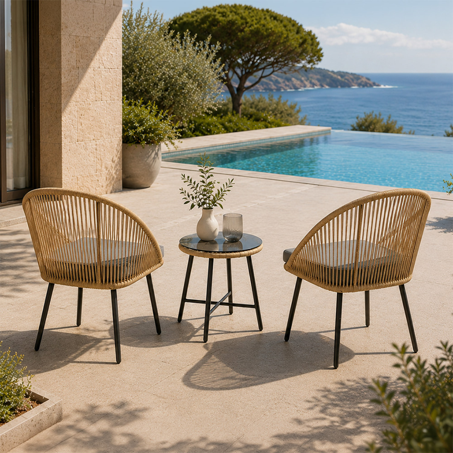 Ensemble de jardin 2 fauteuils et table basse effet rotin naturel PAULO