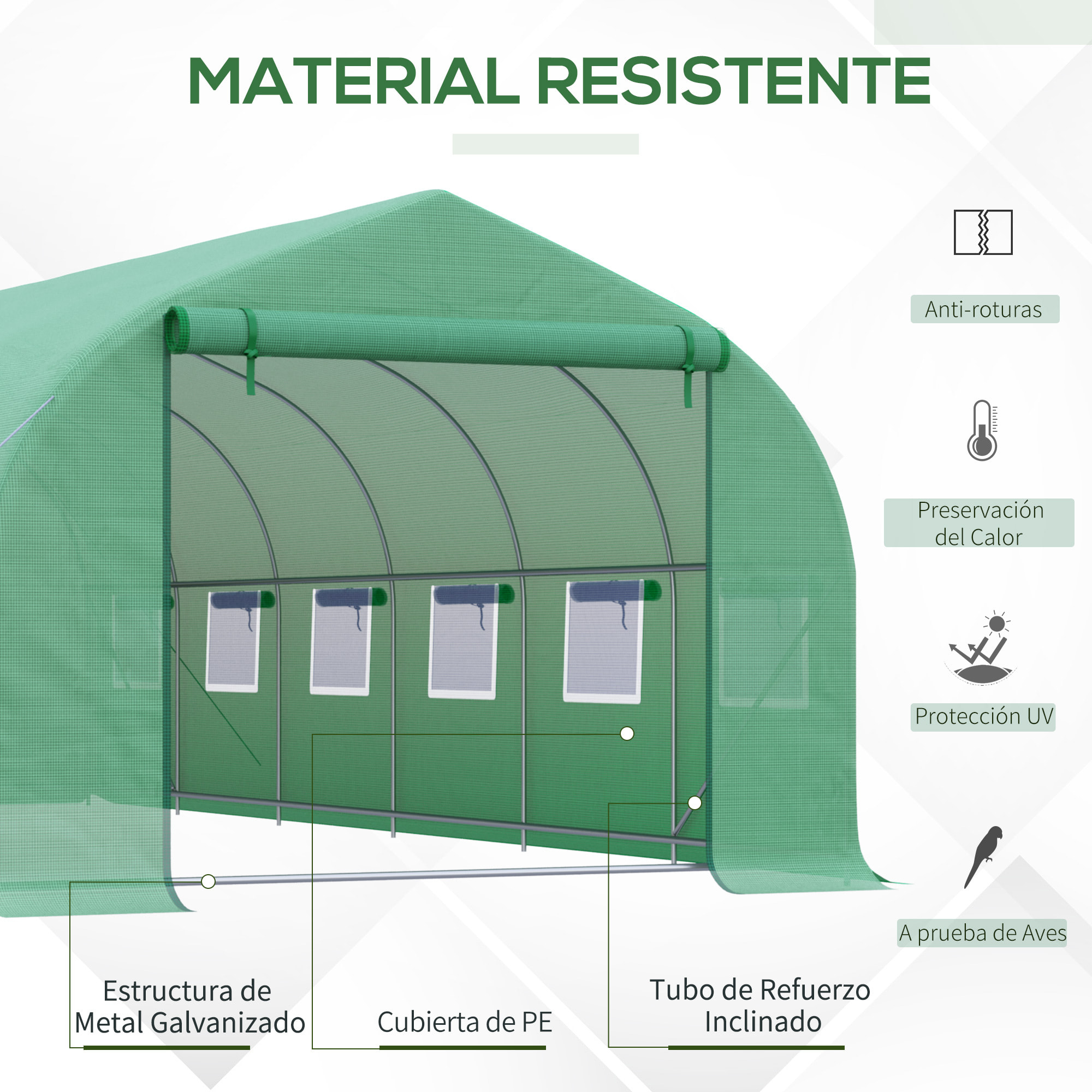 Invernadero de Túnel 595x300x200 cm Invernadero de Jardín Grande con 12 Ventanas y Puerta Enrollable con Cremallera Macro de Metal Resistente para Cultivo Plantas Verde