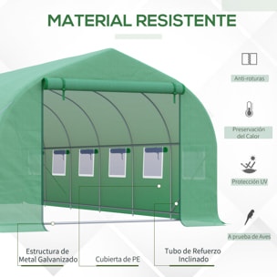 Invernadero de Túnel 595x300x200 cm Invernadero de Jardín Grande con 12 Ventanas y Puerta Enrollable con Cremallera Macro de Metal Resistente para Cultivo Plantas Verde