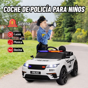 Coche Eléctrico para Niños de +3 Años Carro Eléctrico Infantil de Policía con Batería 12V Mando a Distancia Faros Bocina Sirena Música y Rueda de Entrenamiento Blanco