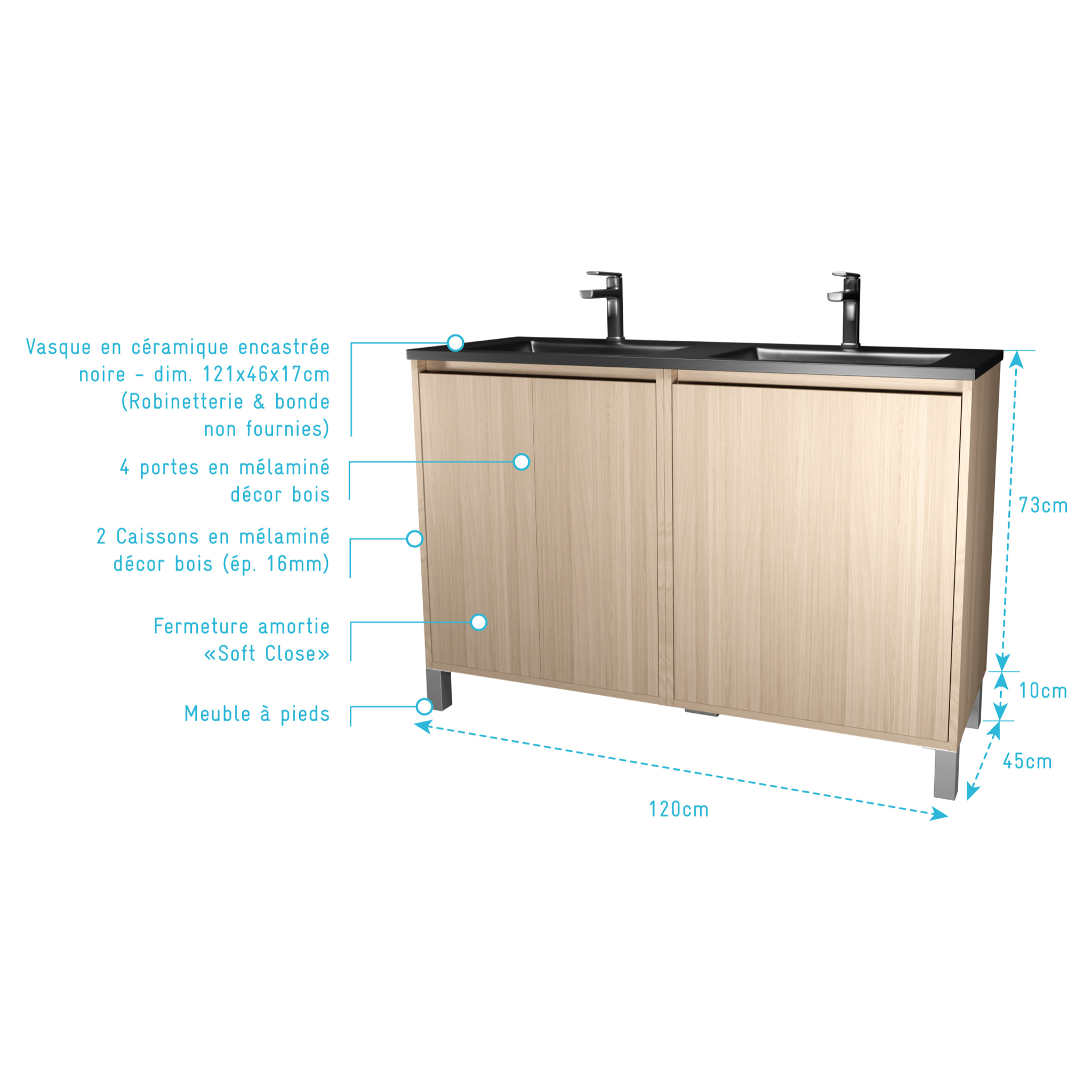 Meuble de salle de bains 120 cm 4 Portes Chêne Clair + Vasque Double Céramique Noire - XENOS