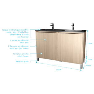 Meuble de salle de bains 120 cm 4 Portes Chêne Clair + Vasque Double Céramique Noire - XENOS