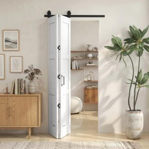 Puerta Corredera Plegable con Herrajes 91,4x213,4 cm, Puerta Corredera Interior con Rodillo, Riel de Acero, Guía de Suelo, Manija, para Baño, Salón, Sala de Estar, Blanco