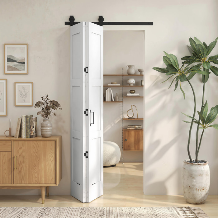 Puerta Corredera Plegable con Herrajes 91,4x213,4 cm, Puerta Corredera Interior con Rodillo, Riel de Acero, Guía de Suelo, Manija, para Baño, Salón, Sala de Estar, Blanco