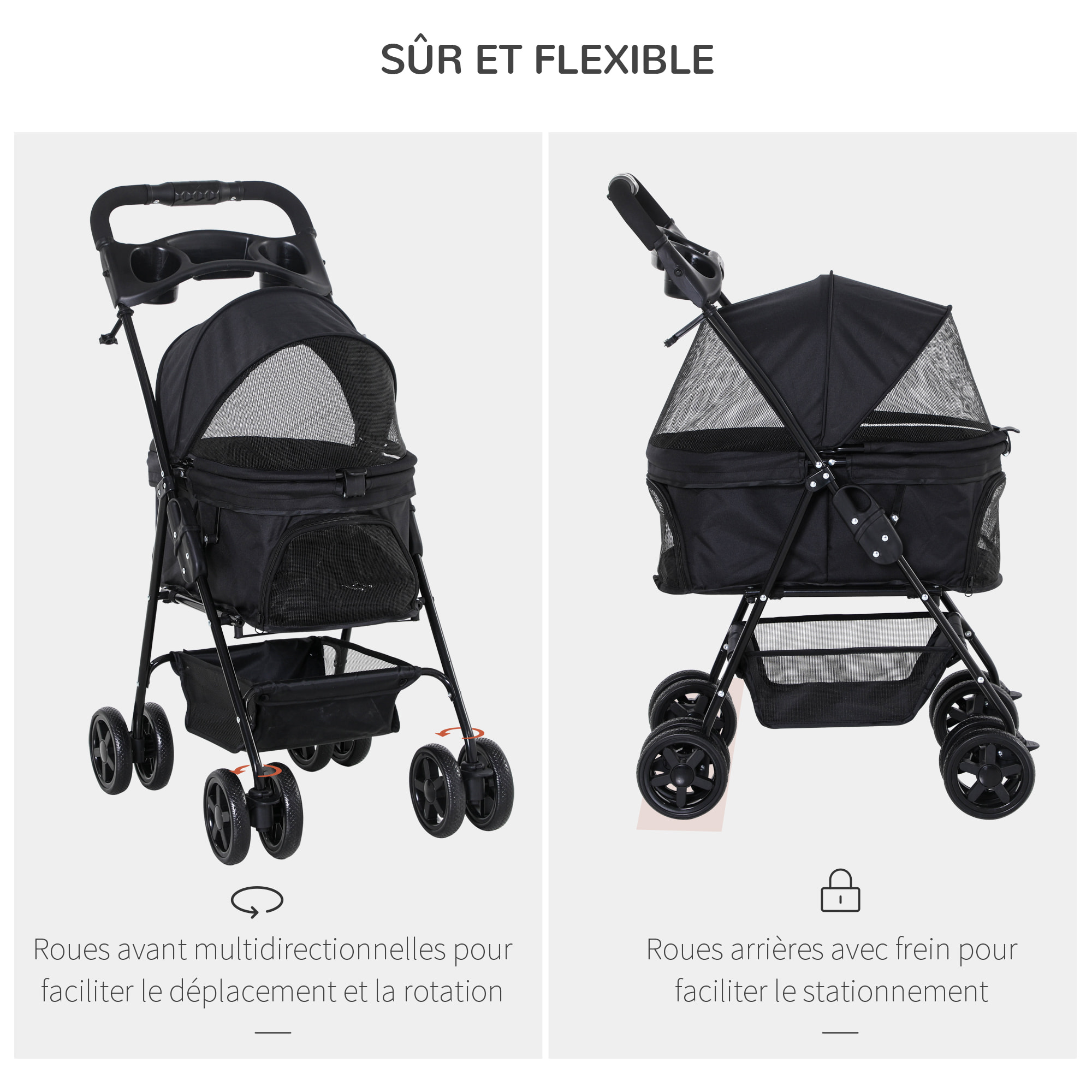 Poussette buggy pliable chien chat panier rangement porte-gobelets tissu 300D Oxford imperméable 4 roues noir