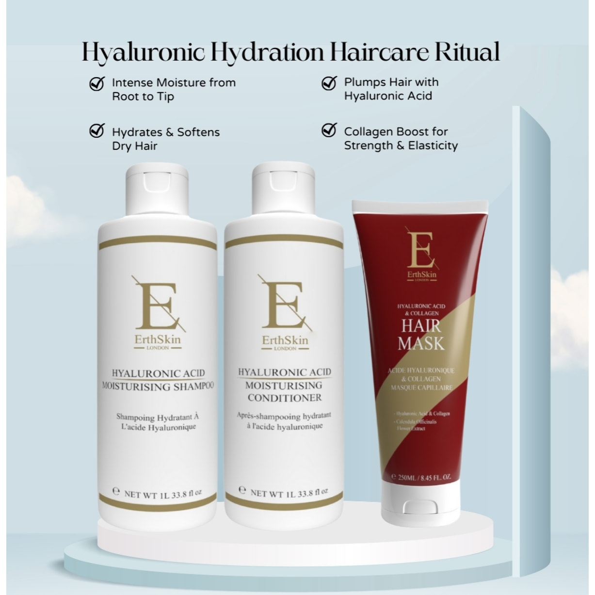 Champú + Acondicionador + Mascarilla Capilar Hidratante con Ácido Hialurónico
