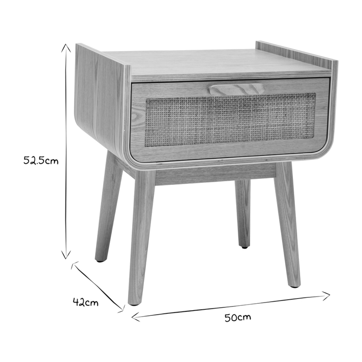 Table de chevet avec tiroir en bois clair frêne et cannage rotin ATHÈNE