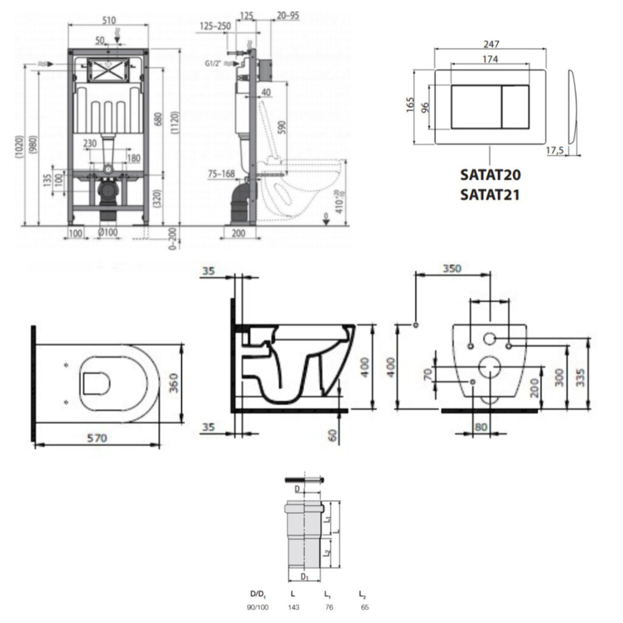 Pack WC bâti-support autoportant + WC suspendu sans bride Livea avec abattant SoftClose + plaque (STBEWR01-FR)
