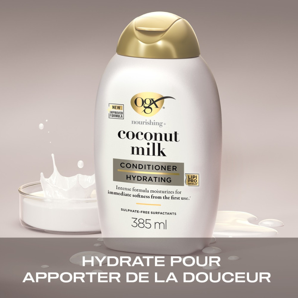 OGX Après-Shampooing Nourrissant Lait de Coco, 385ml – Soin capillaire hydratant pour cheveux secs – Après-shampoing sans sulfat