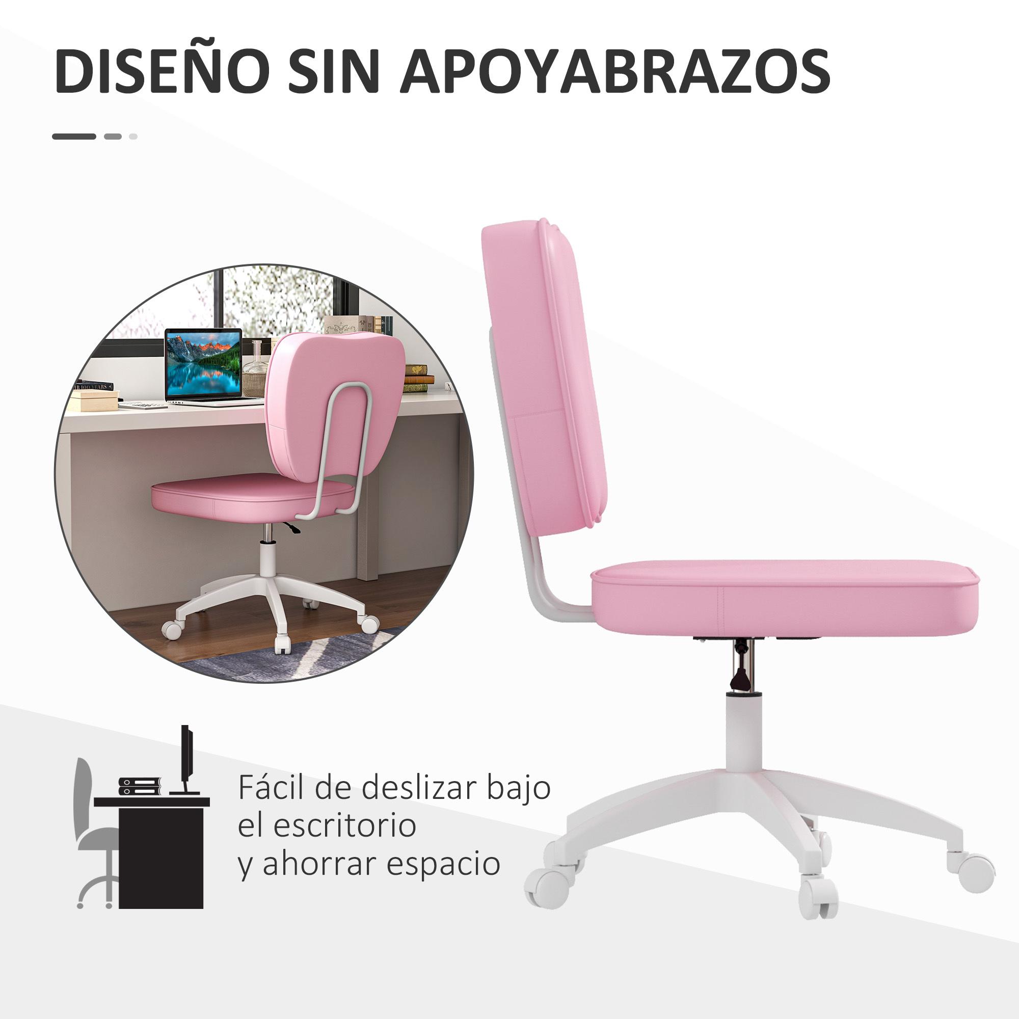 Silla de Escritorio Tapizada en PU Silla de Oficina Giratoria con Altura Ajustable Sin Brazos Carga 120 kg Silla para Estudio Dormitorio 46x59x82-92 cm Rosa