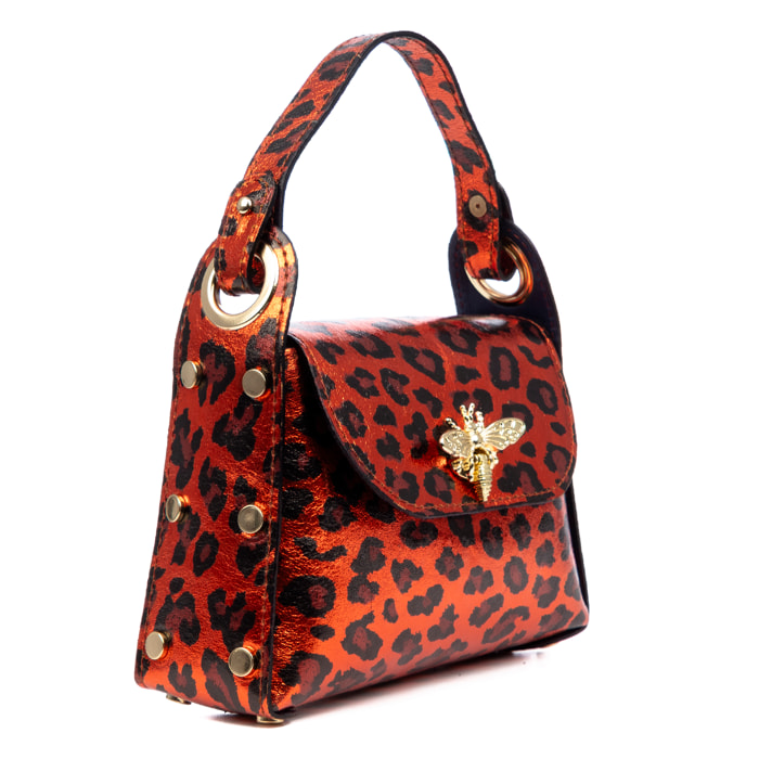 Aquileia bolso de mano mujer. Piel auténtica Gamuza con estampado animal print leopardo lacada brillante.