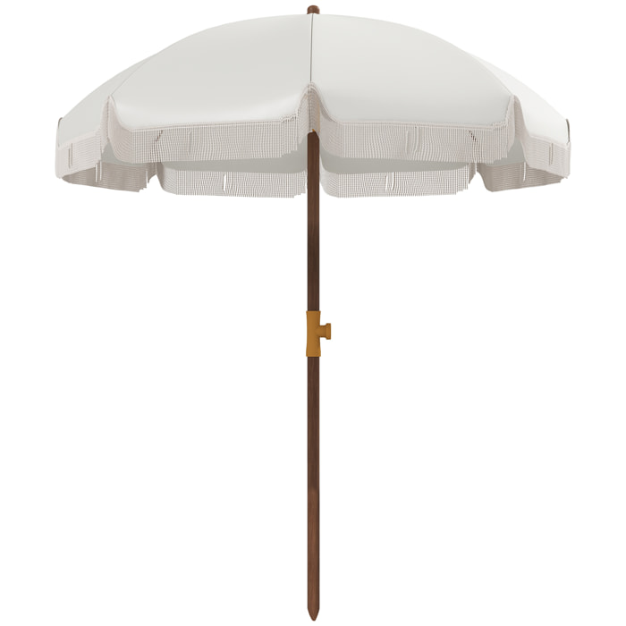 Sombrilla de Playa con Flecos Ø190x210 cm Parasol para Terraza con 8 Varillas Apertura Manual Anti-UV Impermeable y Bolsa de Transporte para Jardín Piscina Crema