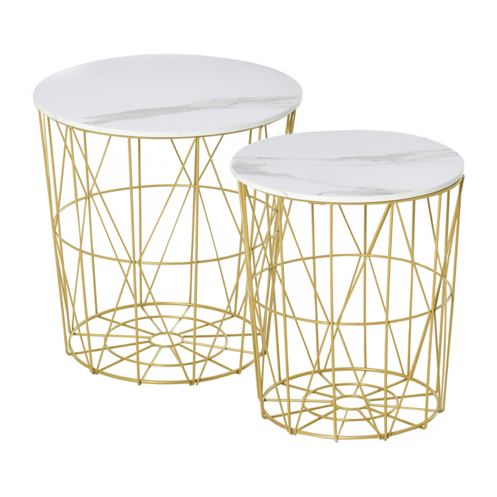 Lot de 2 tables basses gigognes - tables d'appoint rondes encastrables style néo-rétro bicolore structure métal doré plateau MDF aspect marbre blanc