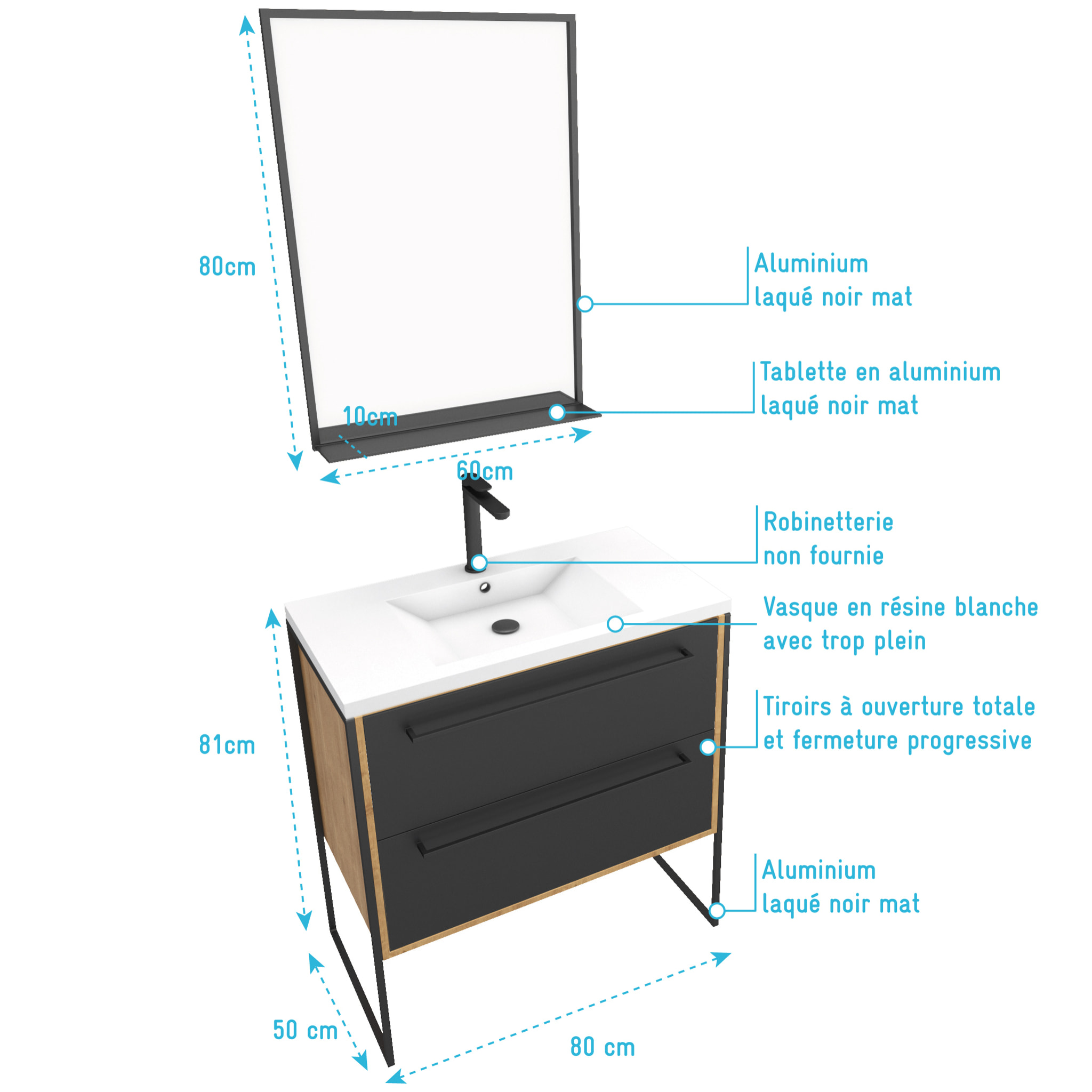 Meuble de salle de bain 80x50cm - vasque blanche 80x50cm - 2 tiroirs noir mat + miroir