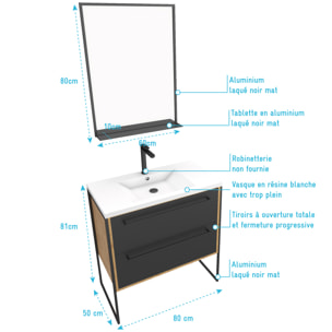 Meuble de salle de bain 80x50cm - vasque blanche 80x50cm - 2 tiroirs noir mat + miroir
