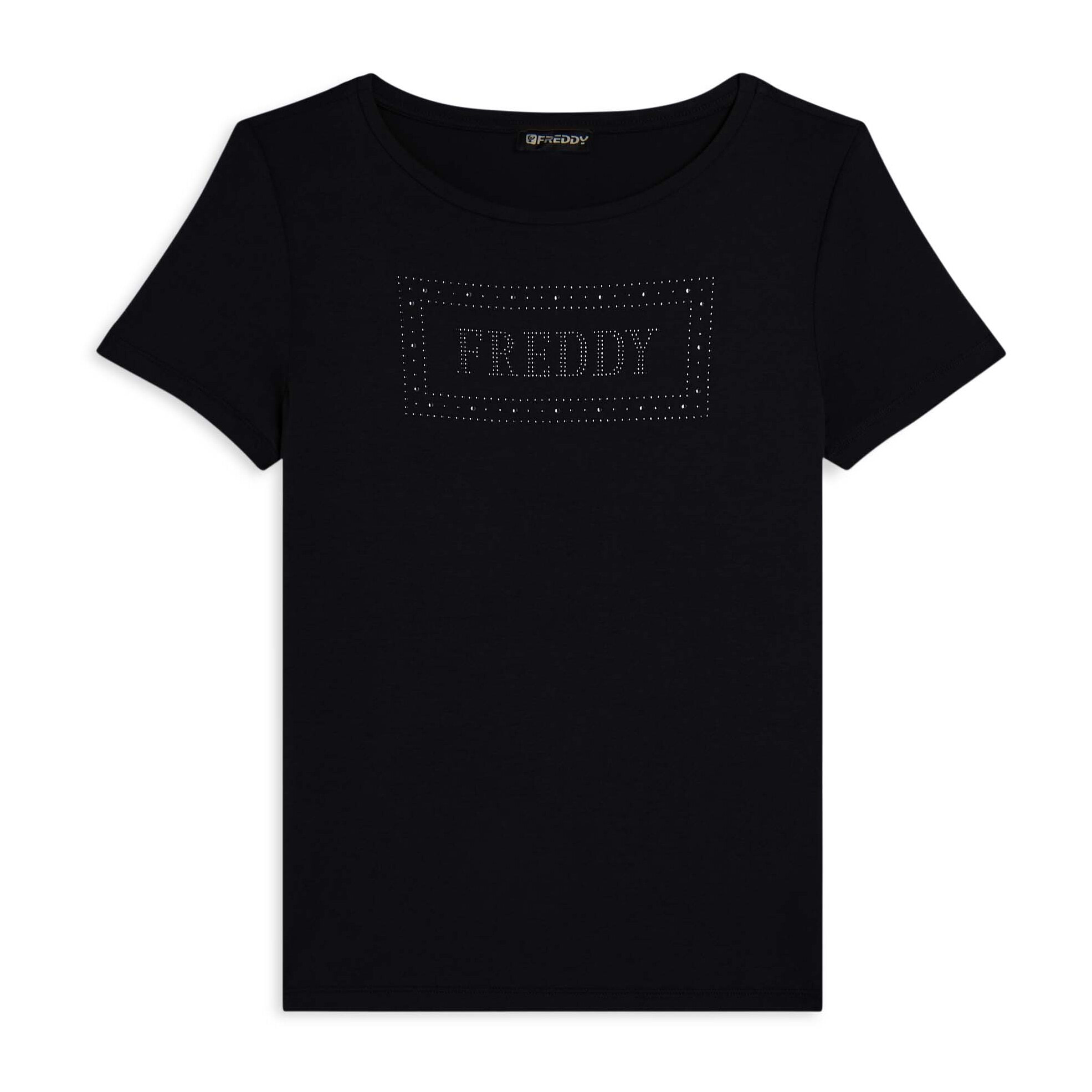 T-shirt donna con logo strass e glitter