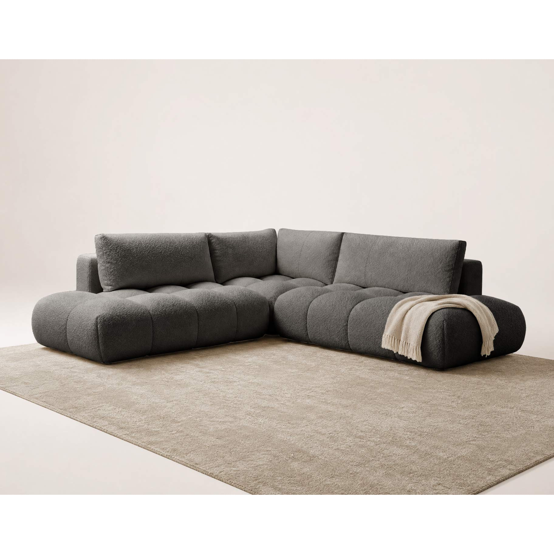Yulin - Canapé d'angle L 5 places convertible avec coffre en tissu bouclette - Gris