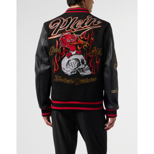 PHILIPP PLEIN Varsity Bomber with Leather Sleeves Devil Skull