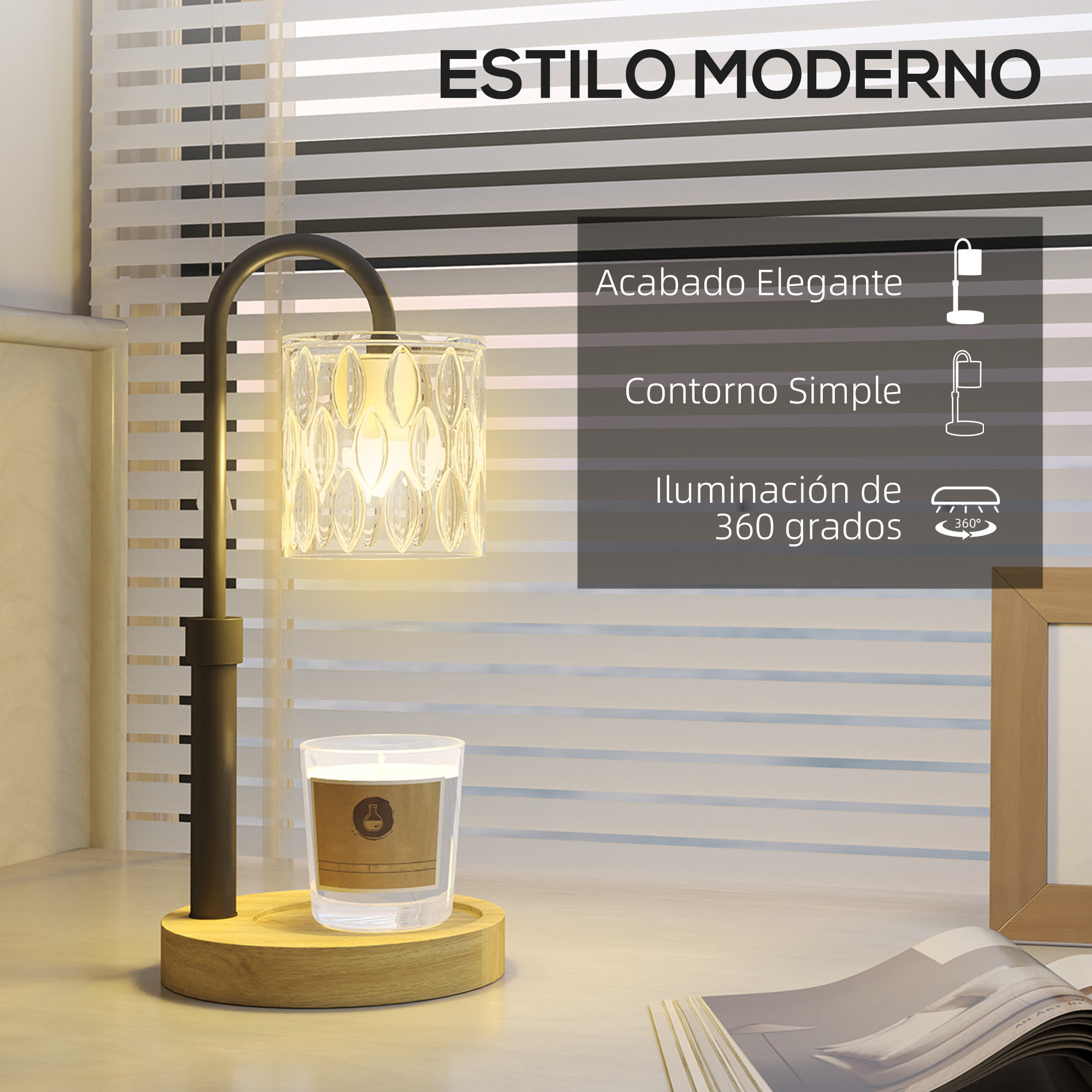 Lámpara de Mesita de Noche Lámpara Calefactora de Velas con Base de Madera Pantalla de Vidrio y Varilla Lámpara de Mesa para Dormitorio Salón Ø15x32,5 cm Multicolor