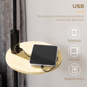 HOMCOM Lámpara de Pie con Mesita Auxiliar Lámpara con Estante Cargador USB Casquillo E27 Máx. 40W con Pantalla de Lino Interruptor de Cadena para Salón Ø40x168 cm Natural