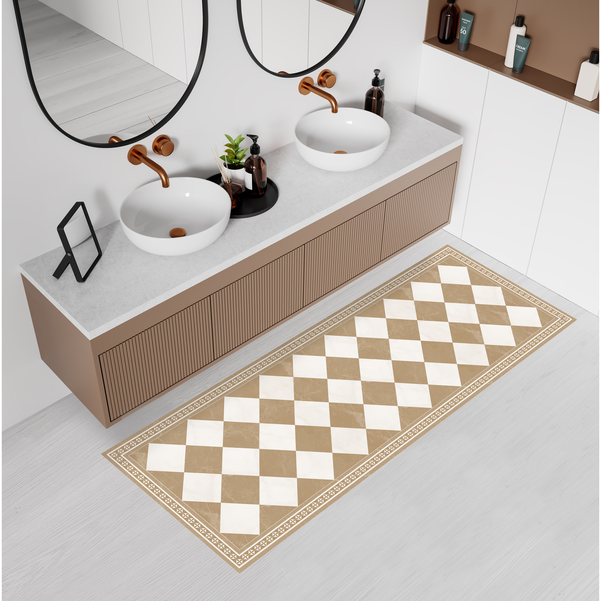Alfombra de vinilo Galileo Beige 66x250 cm - PVC antideslizante, vinilica para cocina o salón, lavable, estilo hidraúlico
