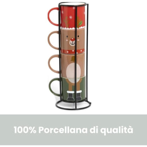 Intrecci – Set 4 tazzine da caffè natalizie in porcellana con supporto impilabile