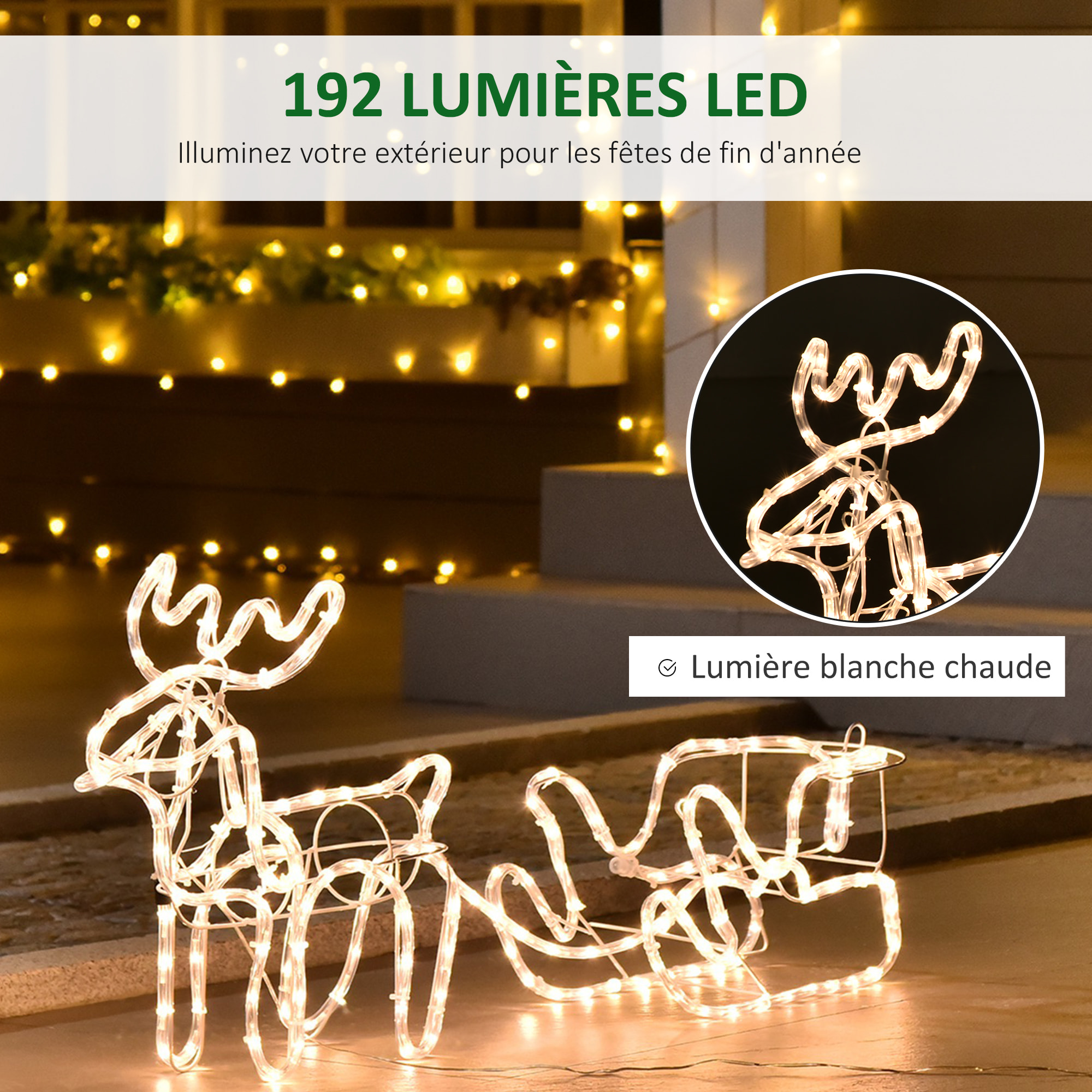 Silhouette renne lumineux avec traîneau - renne et traîneau lumineux de Noël - décoration LED extérieure de Noël - 192 LED blanc chaud